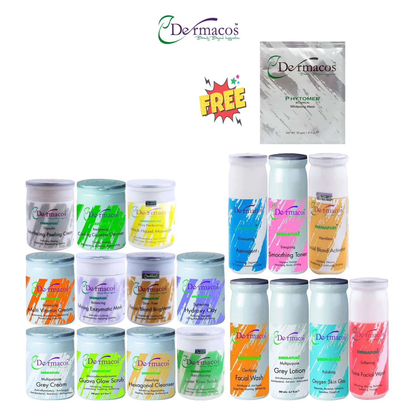 Dermacos Complete Facial Kit (200gm Each) Pack of 18 + FREE Phytomer Botanical Whitening Mask (30gm)