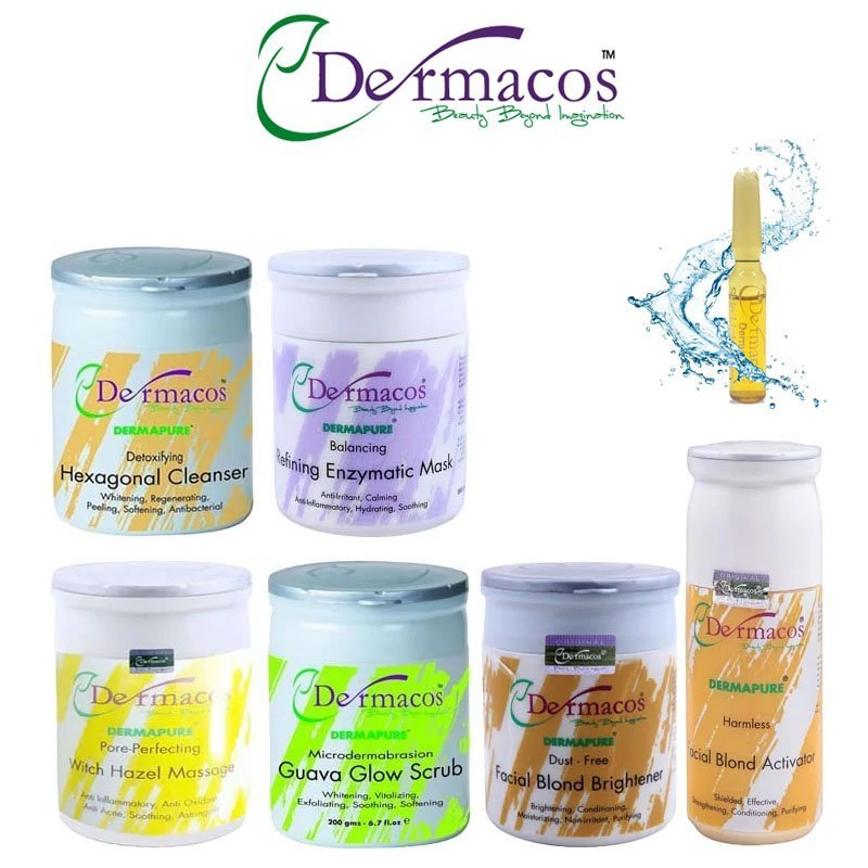 Dermacos Skincare Essentials Facial Kit (200ml Each) Pack of 6 + FREE Skin Lightning Ampoule (2ml)