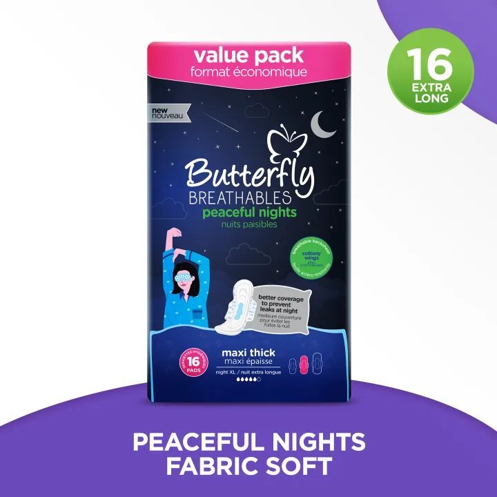 Butterfly Breathables Peaceful Nights Cottony Comfort Extra Long Value Pack 16 Pcs