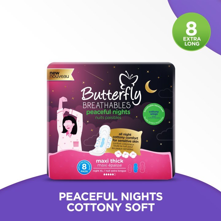 Butterfly Breathables Peaceful Nights Cottony Comfort Extra Long 8 Pcs