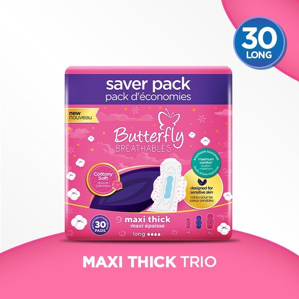 Butterfly Breathables Maxi Thick Cottony Sanitary Pads Extra Long Trio Pack 30 Pcs