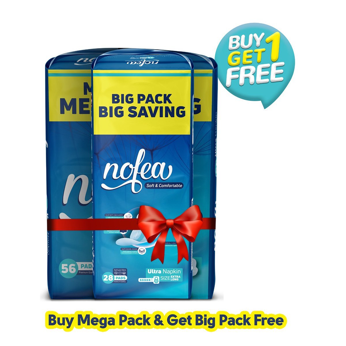 Nofea Napkin Sanitary Pads Ultra Extra Long 56 Pcs Promo Pack (Buy One Get One Free)