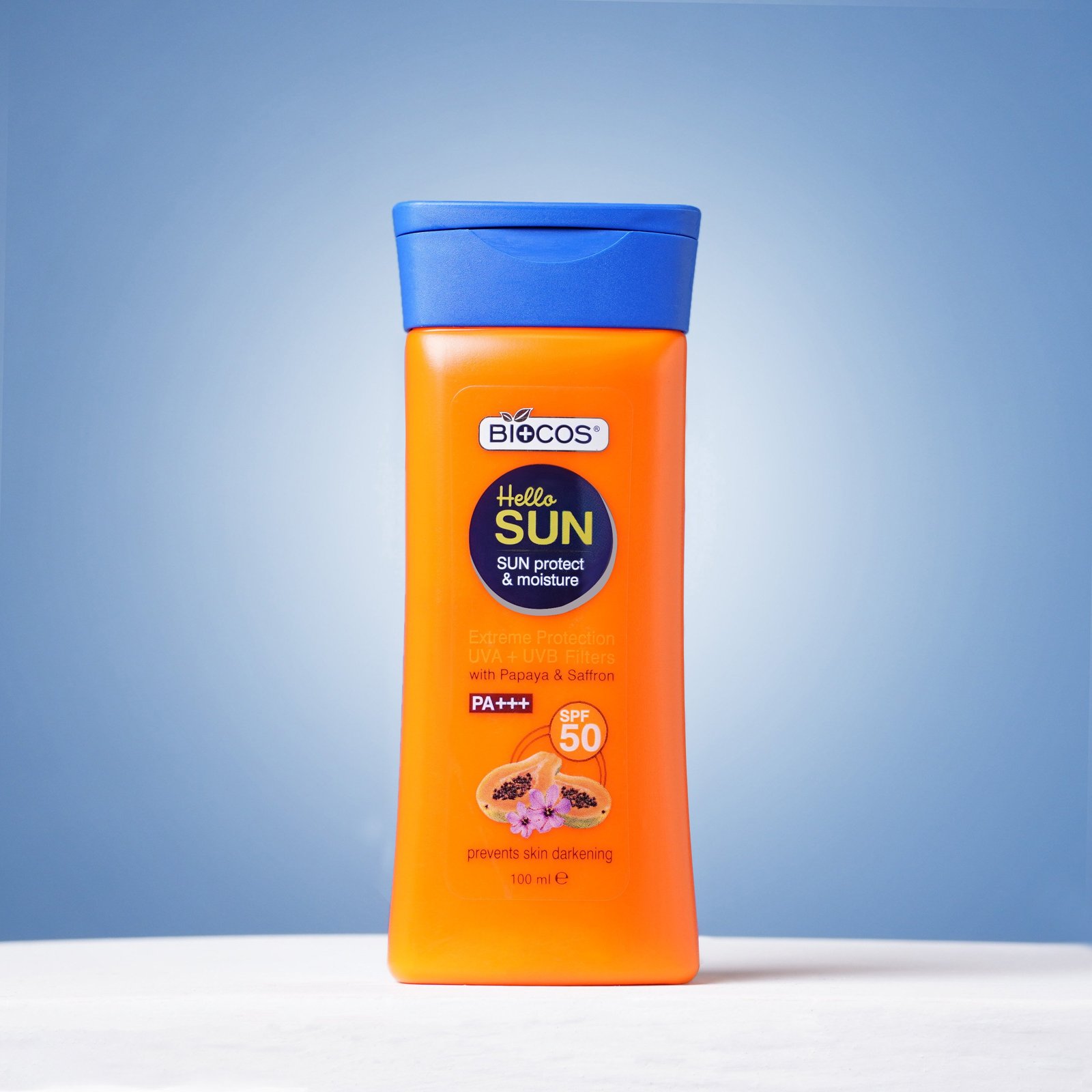 Biocos Papaya & Saffron Sunscreen Lotion Spf-50 Ultra Hydration With Hyaluronic Acid, Natural Radiance With Vitamin E, Broad Spectrum Protection, Water-Resistant (100ml)