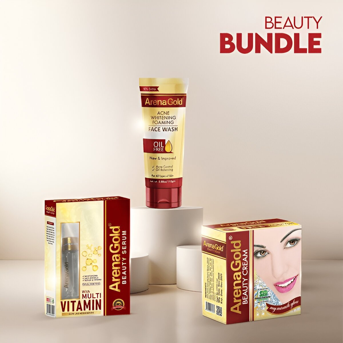 Arena Gold Beauty Bundle (Vitamin Serum, Beauty Cream and Acne Face Wash)
