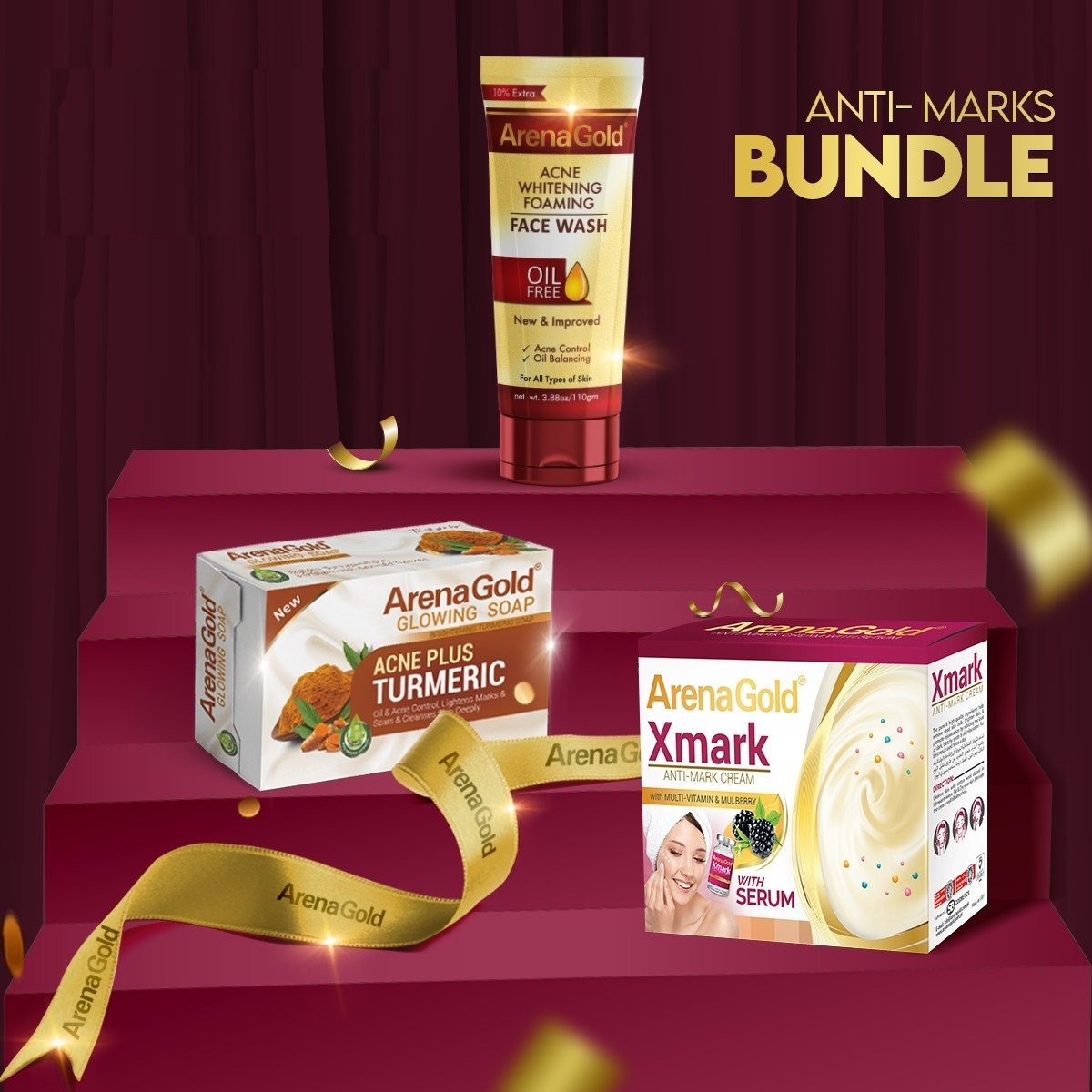 Arena Gold Anti Marks Bundle 1 Anti Acne Facewash x 1 Turmeric Soap Bar x 1 Xmark Cream x1