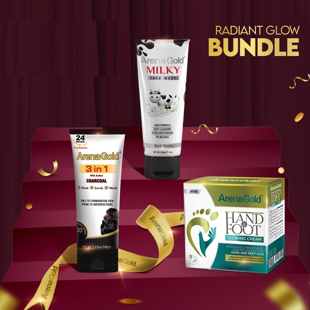 Arena Gold Beauty Radiant Glow Bundle (Milky Face Wash + 3in1 + Hand & Foot Cream)