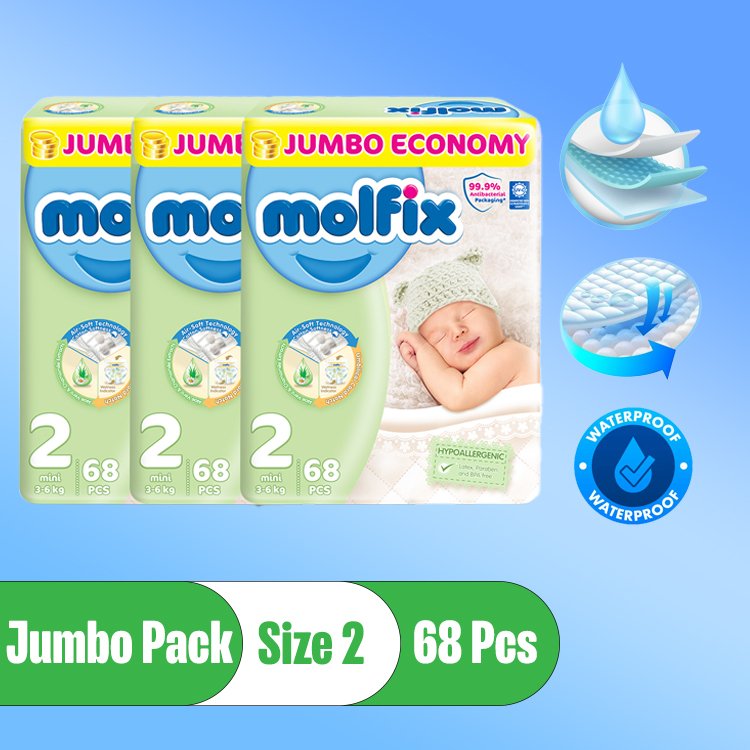 Pack Of 3 Molfix Diaper Size 2, 3-6kg, Mini, 68 Pcs, Economy Jumbo Packs