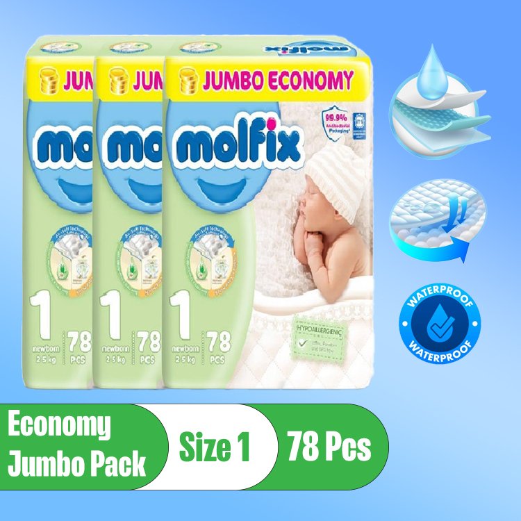 Pack Of 3 Molfix Diaper,Size 1, 2-5kg, New Born, 78 Pcs, Economy Jumbo Packs