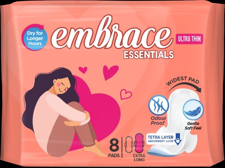 Embrace Essentials Ultra Thin Sanitary Pads Extra Long (8 Pads)