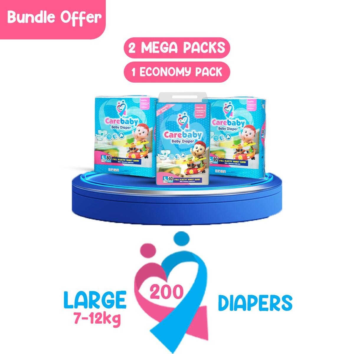 Carebaby Diapers (2 Mega Pack & 1 Economy Pack) Large Size 200 Count