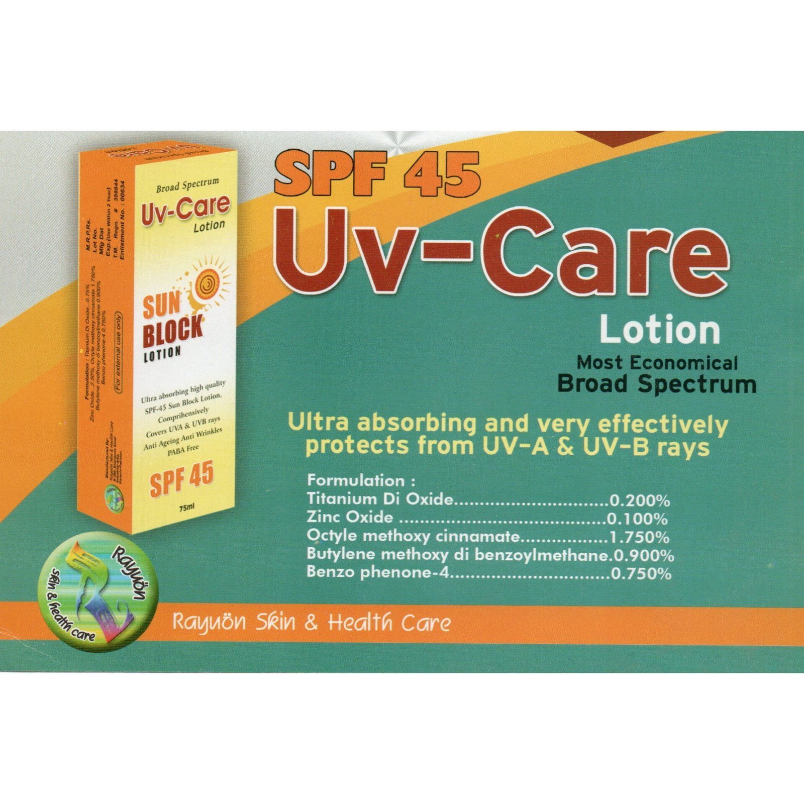 Rayuon Skincare UV-Care SPF-45 Sun Block Lotion (75ml)