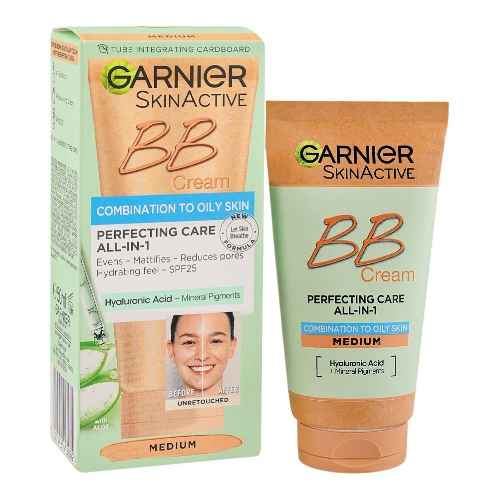 Garnier Skin Active Perfecting Care All-In-1 Bb Hyaluranic Acid + Mineral Pigments Cream Medium, For Oily Skin (50ml)