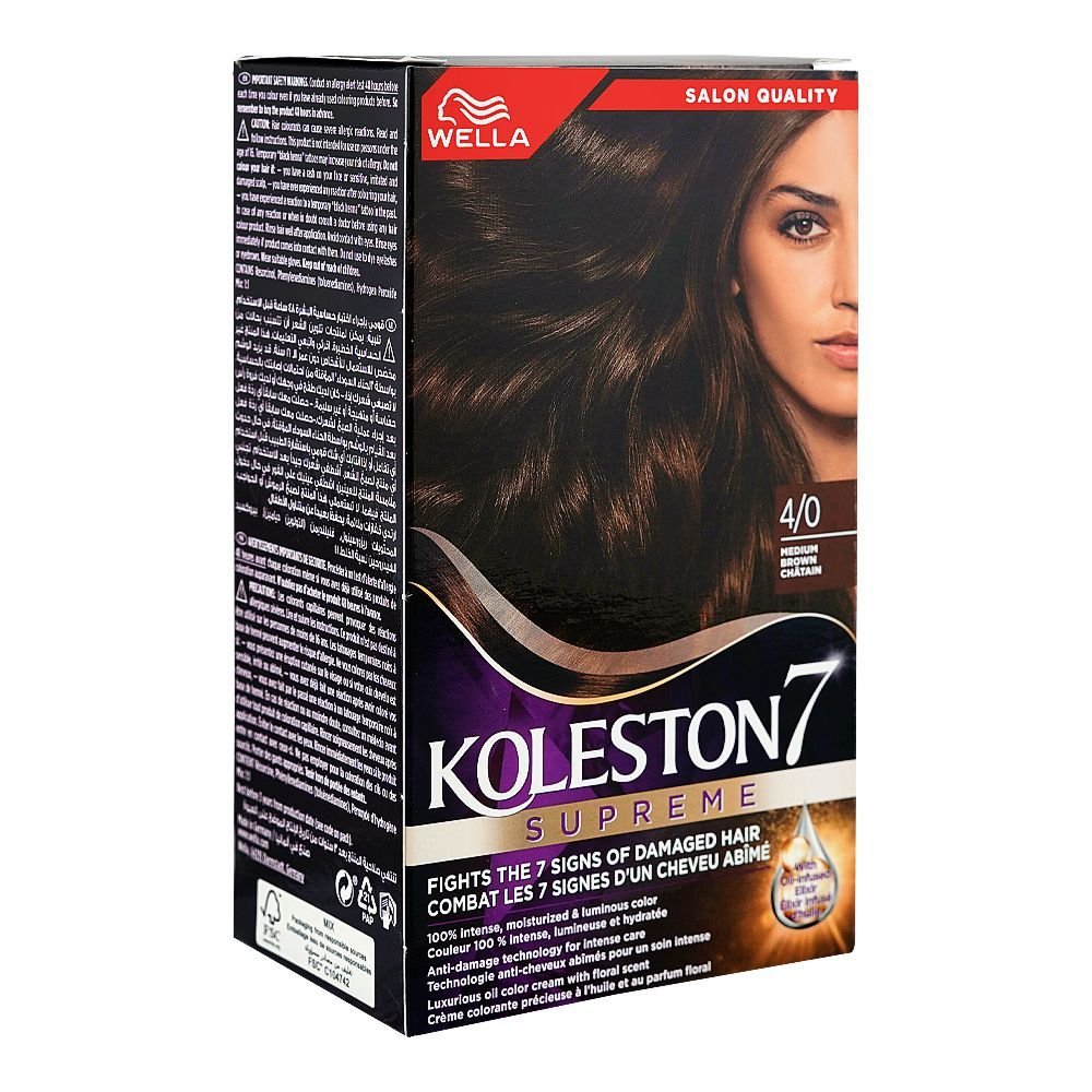 Wella Koleston 7 Supreme Hair Color Cream Kit Phenylenediamines Hydrogen Peroxide For Damaged Hair 4/0 Medium Brown