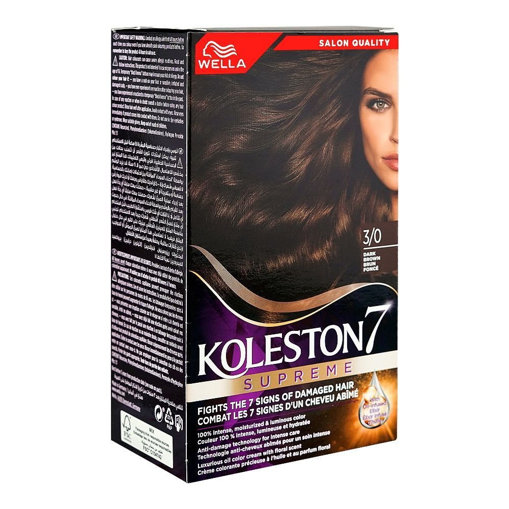 Wella Koleston 7 Supreme Hair Color Cream Kit Phenylenediamines Hydrogen Peroxide For Damaged Hair 3/0 Dark Brown