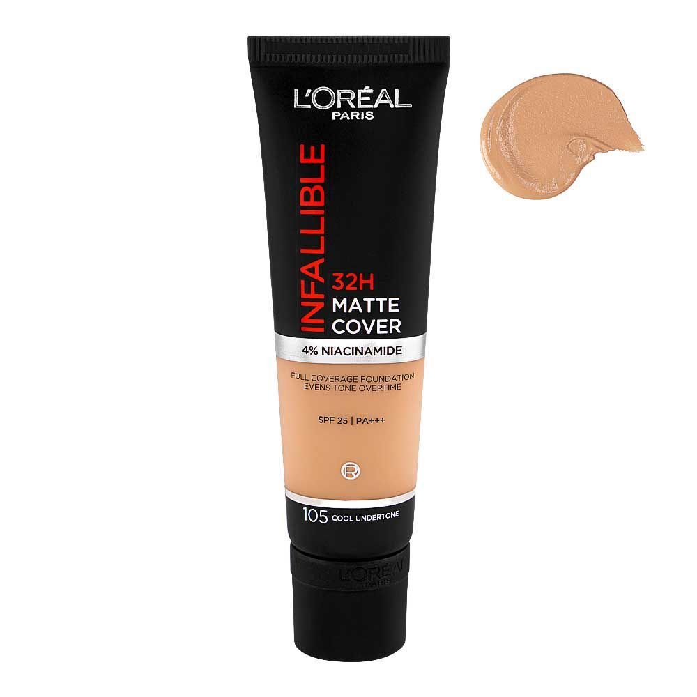 Loreal Paris Infallible 32h-Matte Cover Foundation, 4% Niacinamide, Spf25 Pa+++ 105 Cool Undertone (30ml)