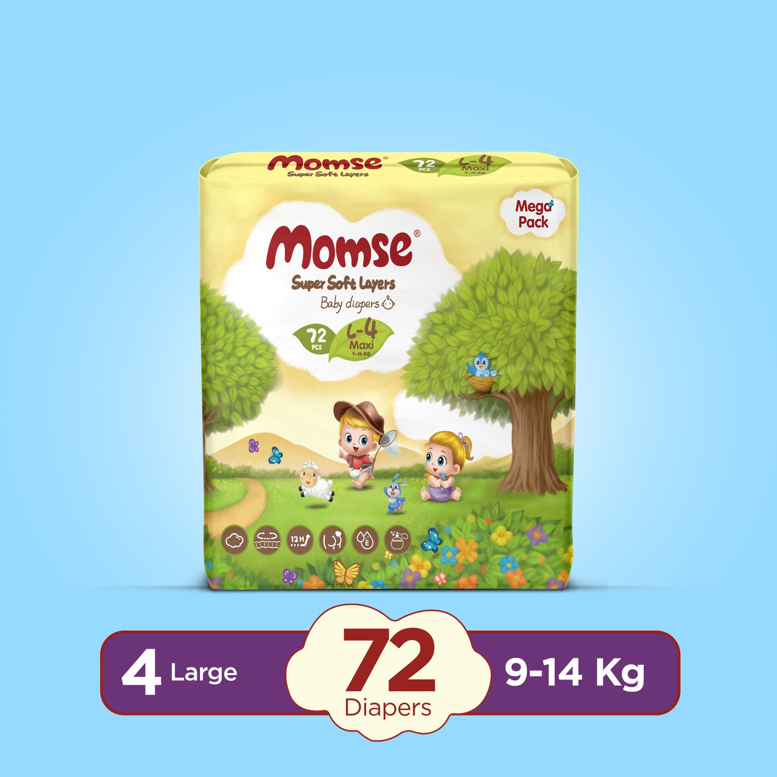 Momse Diapers Mega L Size 4 | 72 Pcs | 9 |(14 Kg) With Free Wipes
