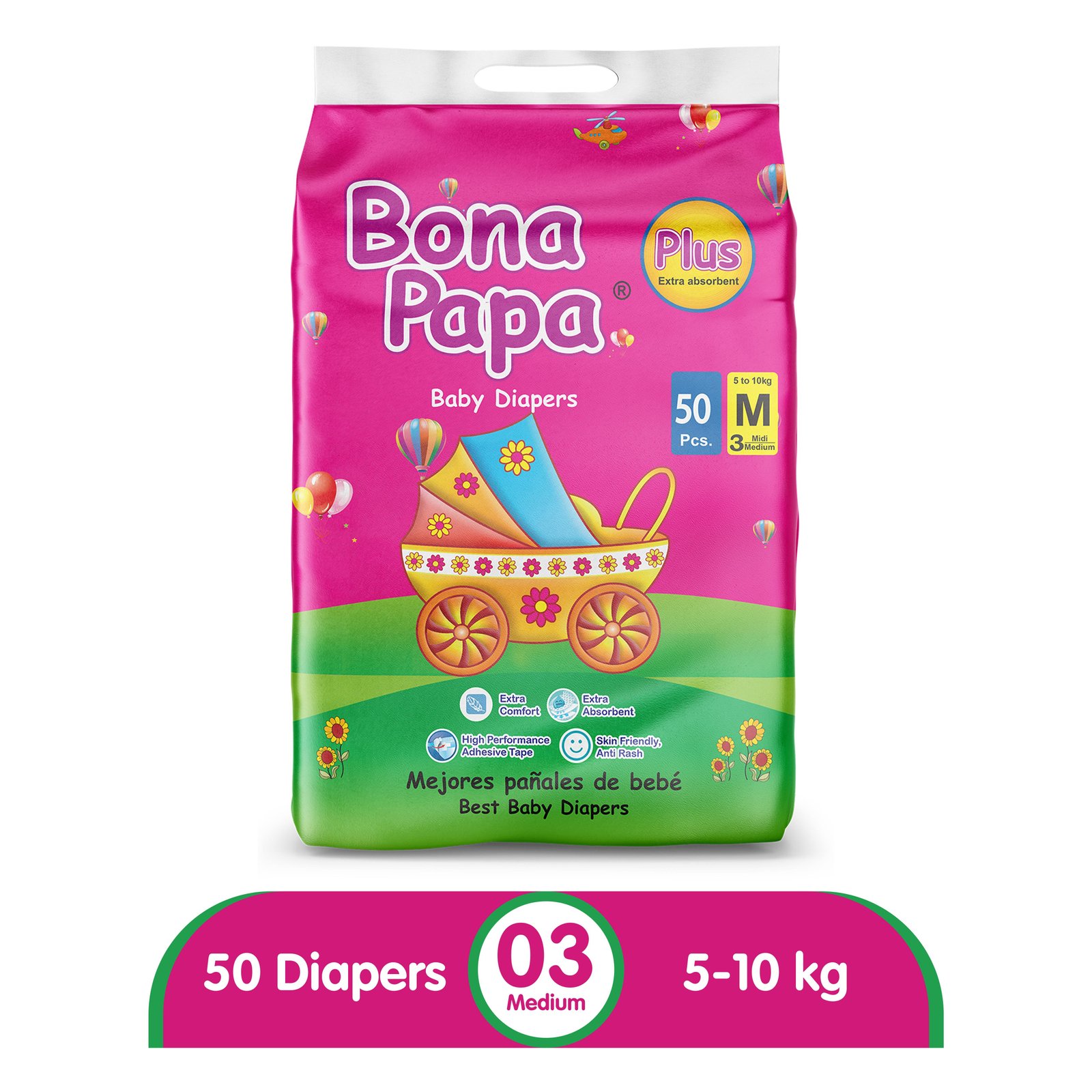 Bona Papa Plus Diapers | Plus Economy Pack Medium Size 3 | 50 Pcs | (10kg)