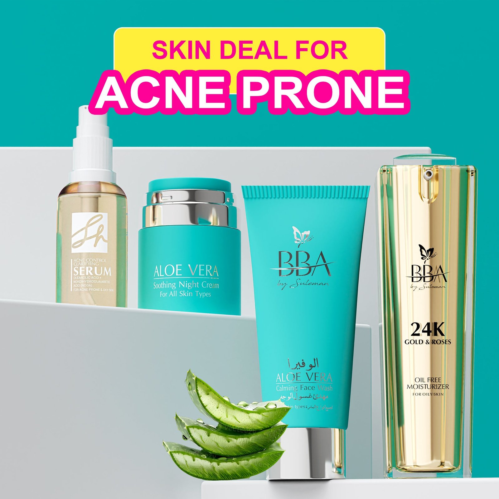 My Bba Skincare For Acne Prone Skin Deal (Aloe Vera Calming Face Wash Sh Acne Control Clarifying Serum Aloe Vera Soothing Night Cream 24k Gold & Roses Oil Free Moisturizer)