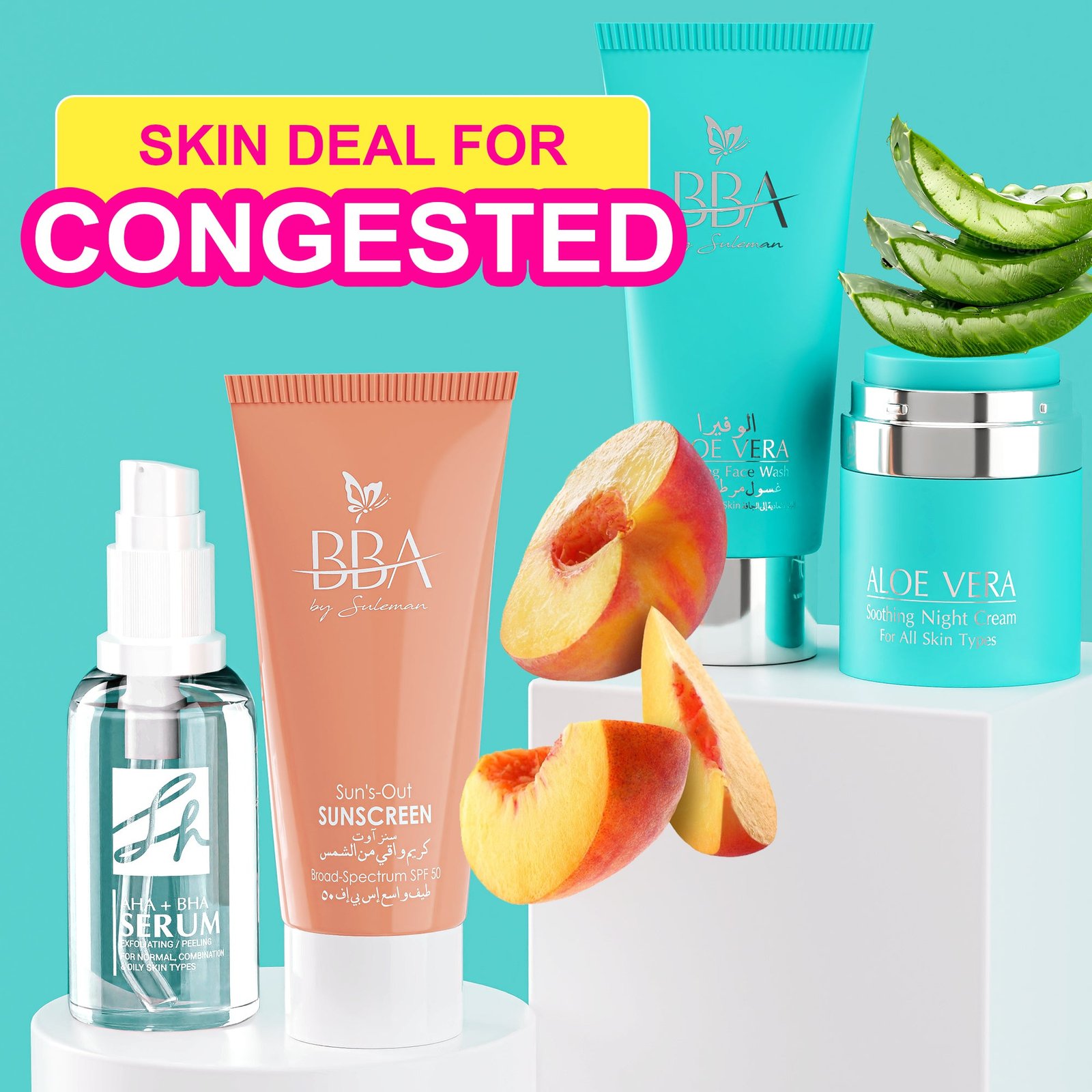 My Bba Skincare For Congested Skin Deal (Aloe Vera Soothing Night Cream Aloe Vera Hydrating Face Wash Sh Aha+ Bha Exfoliating/Peeling Serum Suns Out Sunscreen)